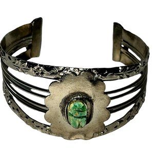 Vintage Egyptian Revival Green Turquoise Scarab Silver Cuff